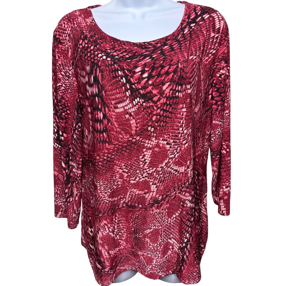 JM COLLECTION Womens Red Snakeskin Print Stretch Tunic Top M Mobwife Office Edgy
